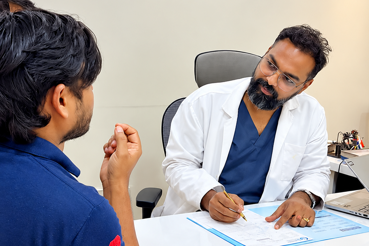 Dr. Nikhilesh consulting with a patient in his clinic in Hyderabad